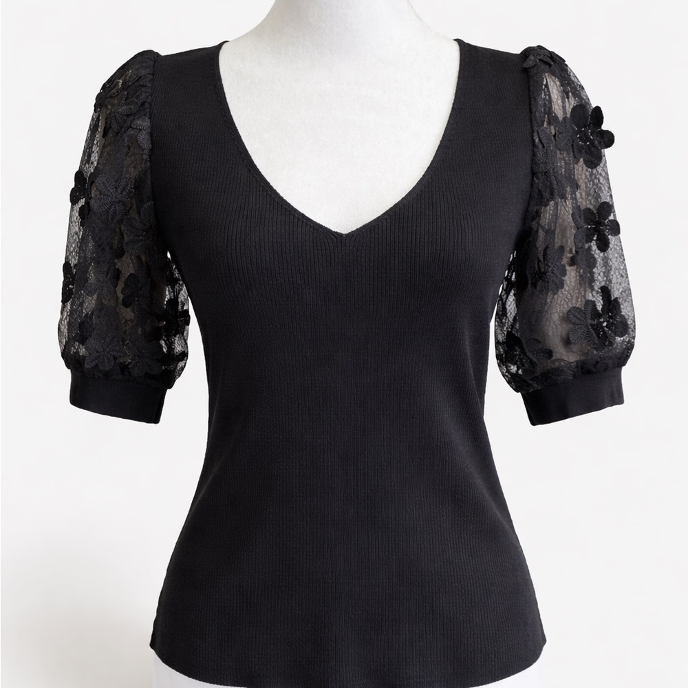 Anthropologie Dolan Left Coast Black Ribbed Knit Floral Appliqué Puff Sleeve